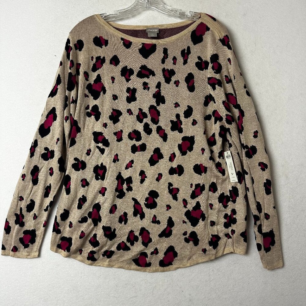 Chicos Animal Bateau Print Sweater Pink Tan Black Rayon Size 3P XL Petite NEW